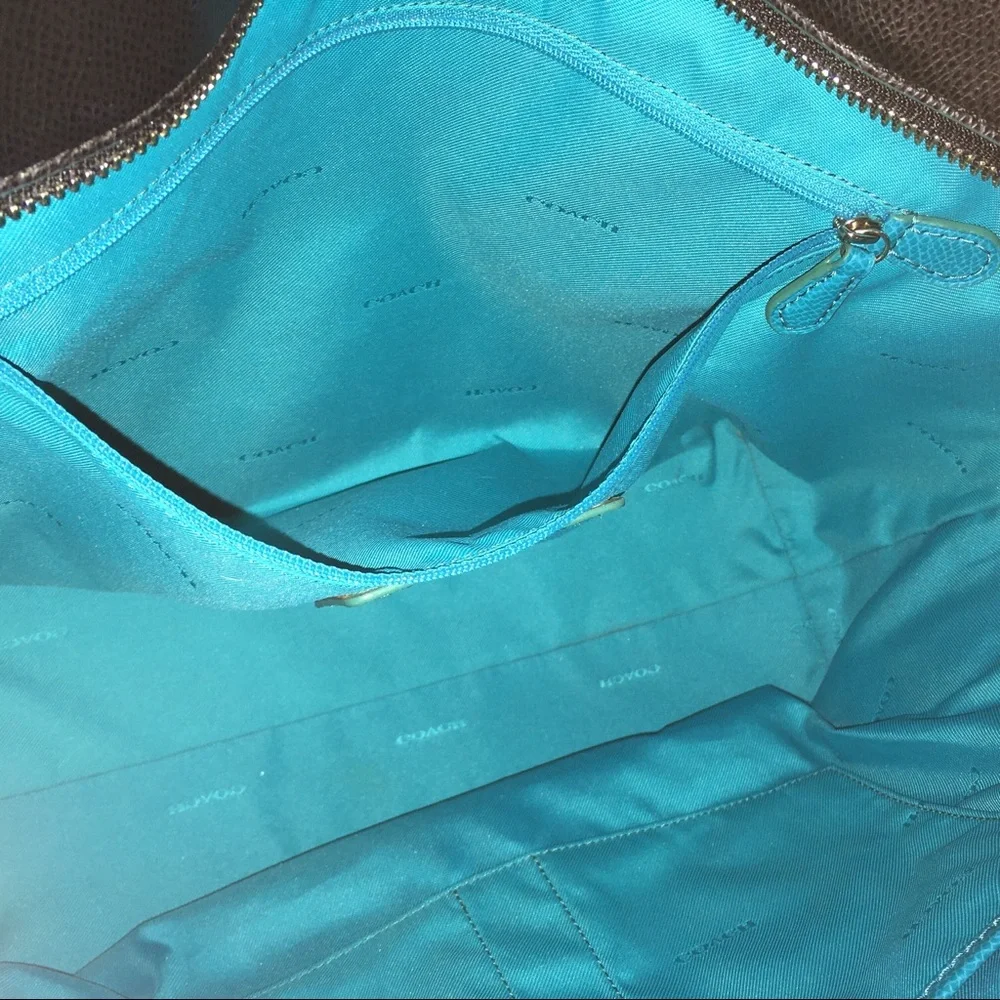 Coach Turnlock Tote bag Edgestain Leather Black Teal Turquoise L Handbag 38323 - Picture 15 of 16